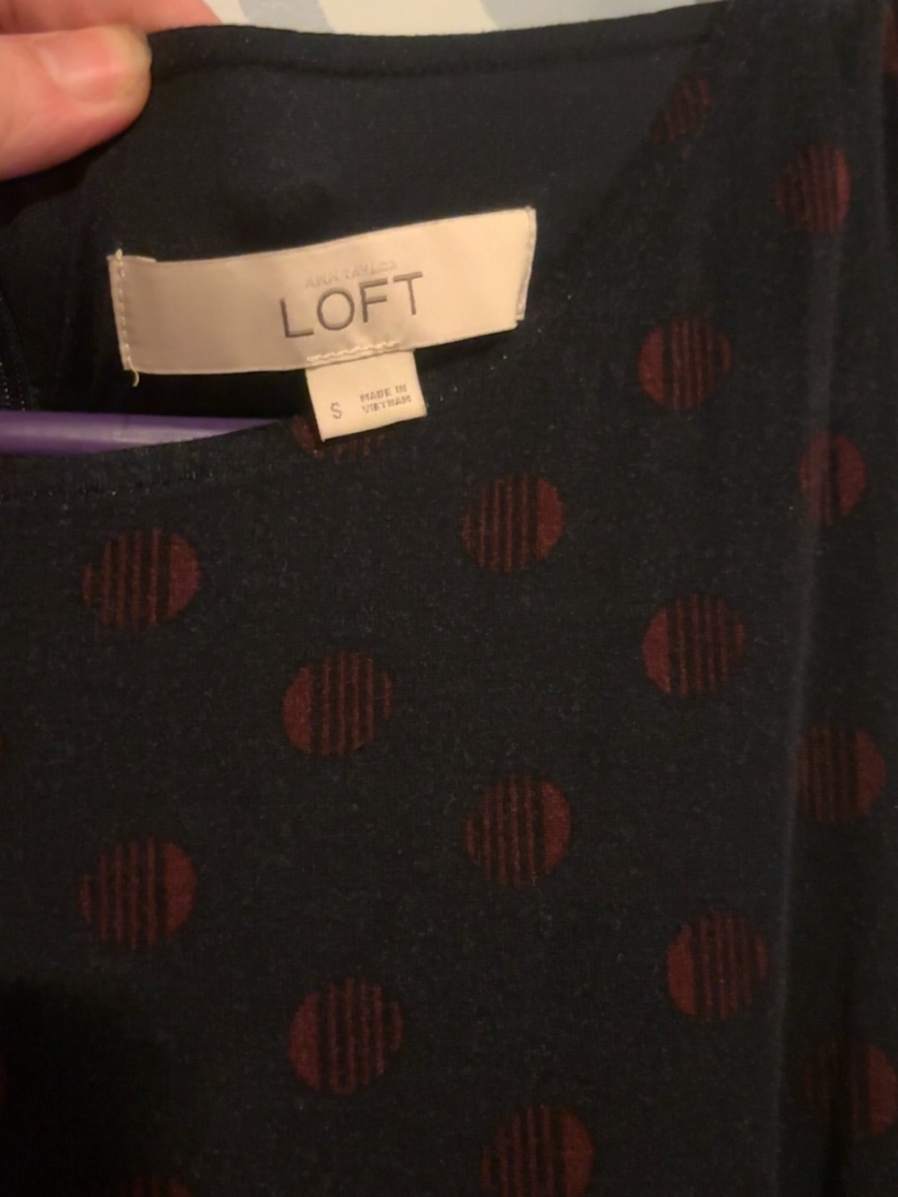 LOFT Navy Long Sleeve Crewneck with Rust Dot Print